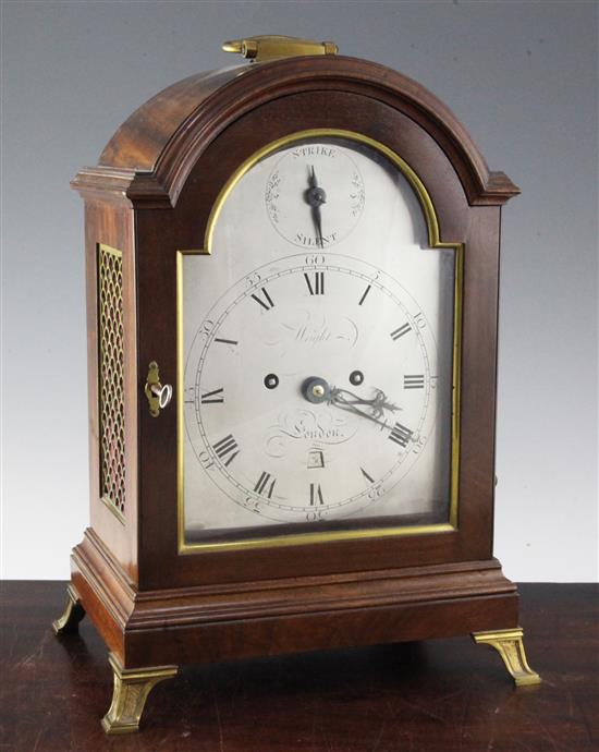 Wright of London. A George III mahogany hour repeating bracket clock, 16in.